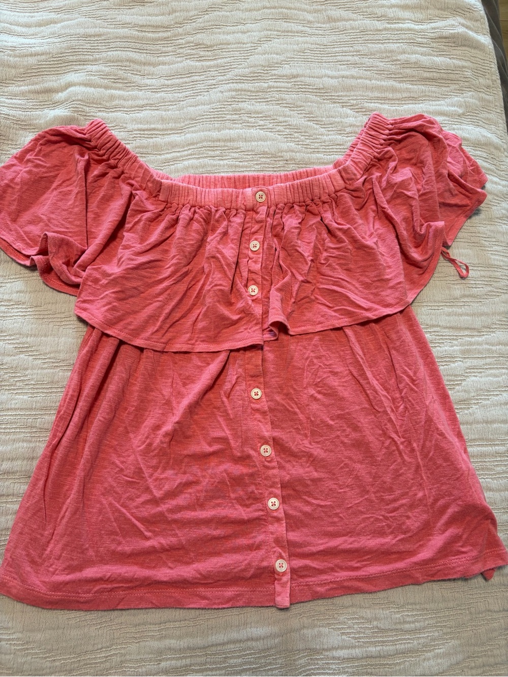 American Eagle Outfitters Coral Off-Shoulder Button-Front Blouse